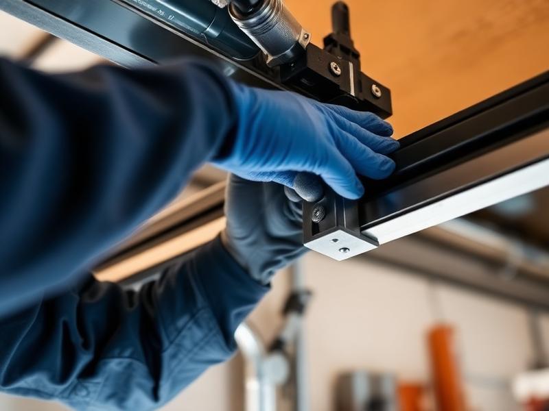 Garage door repair technician adjusting track alignment
