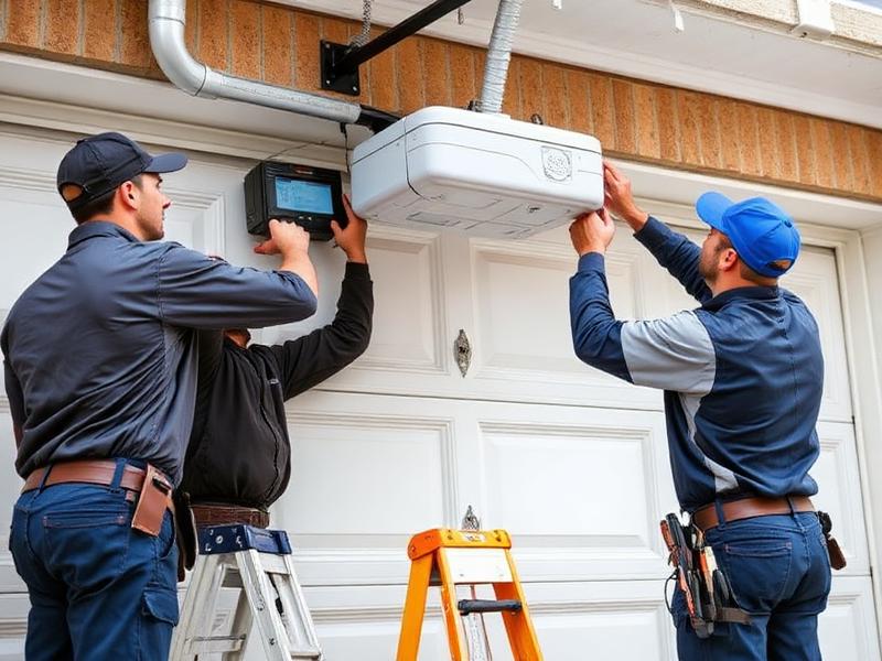 Professional team installing garage door opener